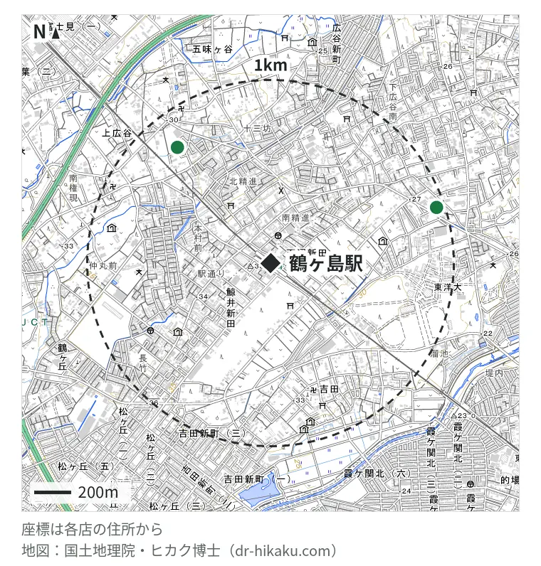 鶴ヶ島駅周辺（1km以内）のiPhone修理店 2店の位置図：アイフォンドック24 鶴ヶ島店 806m、mobile.com 埼玉川越店 951m