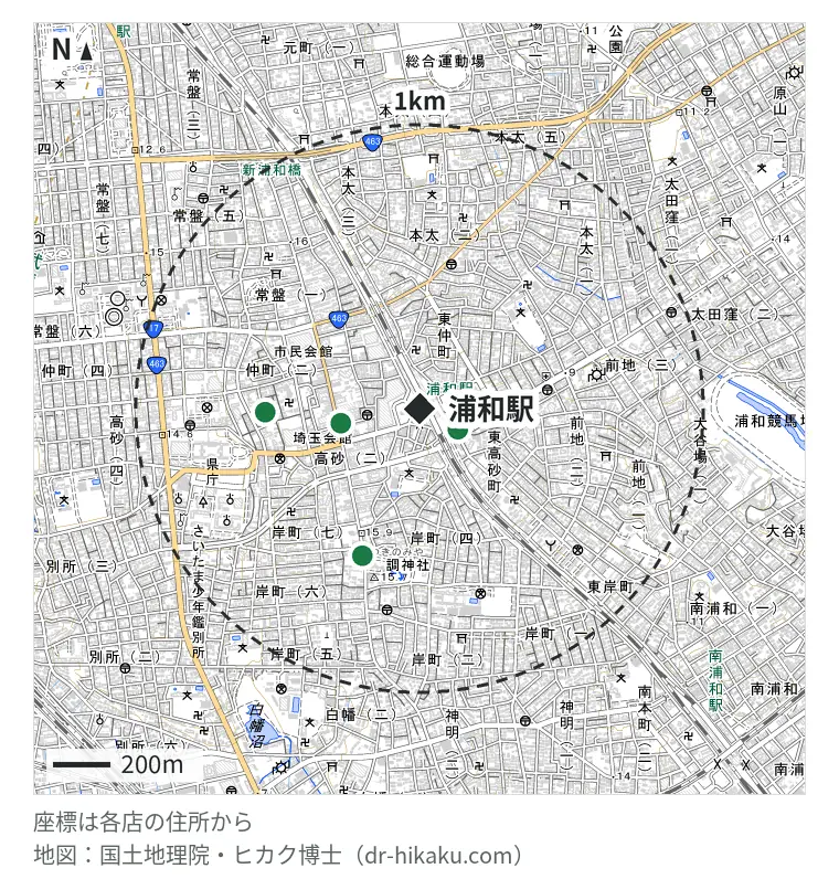 浦和駅周辺（1km以内）のiPhone修理店 6店の位置図：スマホ修理工房 浦和パルコ店 153m、ノジマ 浦和パルコ店 153m、iCrackedStore 浦和 281m、モバイル修理救急便 浦和駅前店 281m、iPhoneお直し本舗 埼玉県浦和店 540m、iPhone修理のスマケア工房 553m