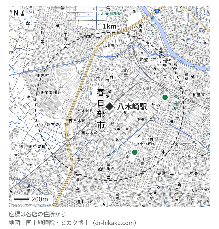 八木崎駅周辺（1km以内）のiPhone修理店 2店の位置図：スマホ修理工房 春日部店 702m、iPhone修理アイサポ 春日部店 754m