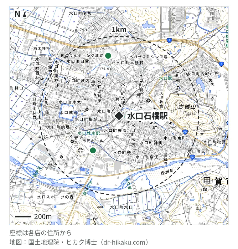 水口石橋駅周辺（1km以内）のiPhone修理店 2店の位置図：aineku 541m、ダイワンテレコム アル・プラザ水口店 762m