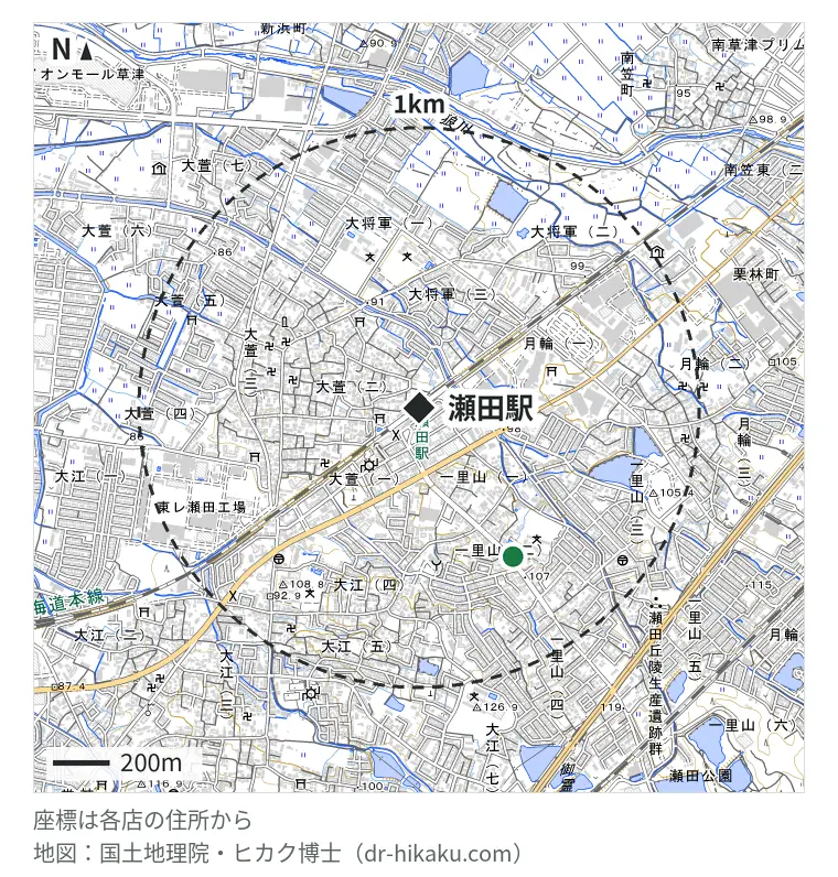 瀬田駅周辺（1km以内）のiPhone修理店 2店の位置図：Suuma アルプラザ瀬田店 260m、カメラのキタムラ 大津・瀬田学園通り店 625m