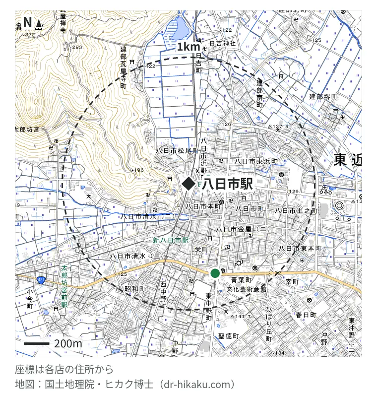 八日市駅周辺（1km以内）のiPhone修理店 2店の位置図：スマホリペアプラス 八日市店 161m、Suuma 東近江本店 737m