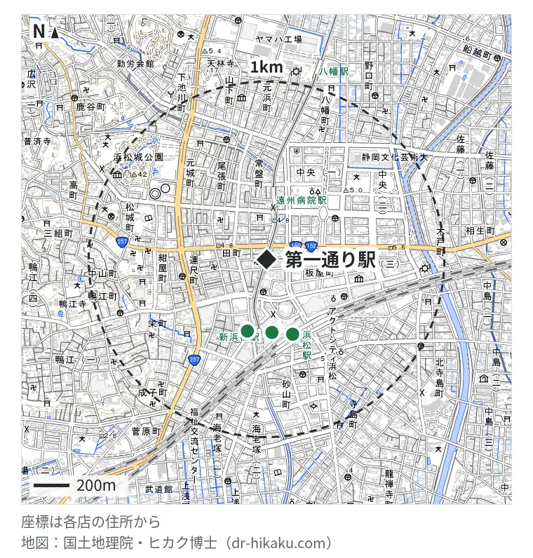 第一通り駅周辺（1km以内）のiPhone修理店 3店の位置図：アイプラス 浜松遠鉄百貨店 410m、じゃんぱら 浜松駅前店 414m、スマップル 浜松店 444m