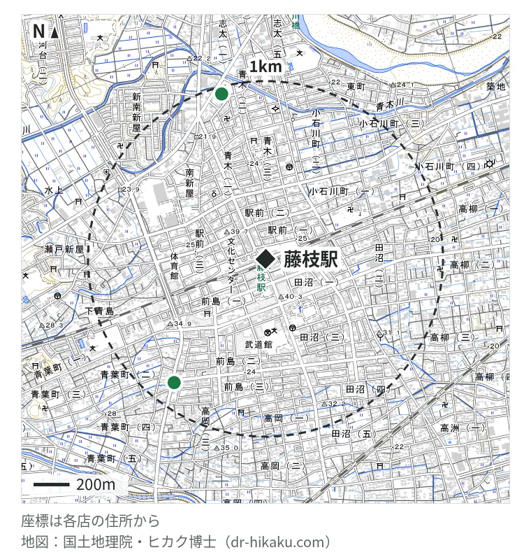藤枝駅周辺（1km以内）のiPhone修理店 2店の位置図：iPhone修理アイサポ 藤枝店 860m、iCrackedStore 藤枝くりっぴープラザ 955m