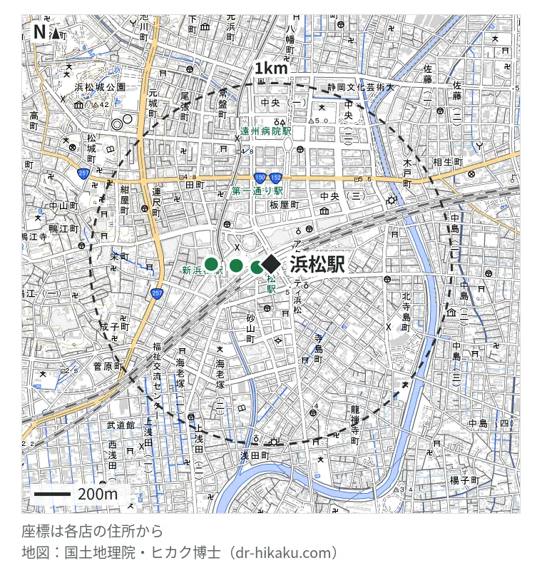 浜松駅周辺（1km以内）のiPhone修理店 3店の位置図：スマップル 浜松店 58m、アイプラス 浜松遠鉄百貨店 167m、じゃんぱら 浜松駅前店 303m