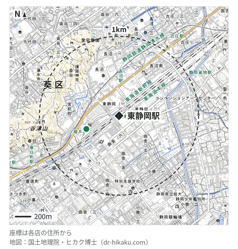 東静岡駅周辺（1km以内）のiPhone修理店 2店の位置図：iCrackedStore マークイズ静岡 440m、ノジマ MARK IS 静岡店 440m