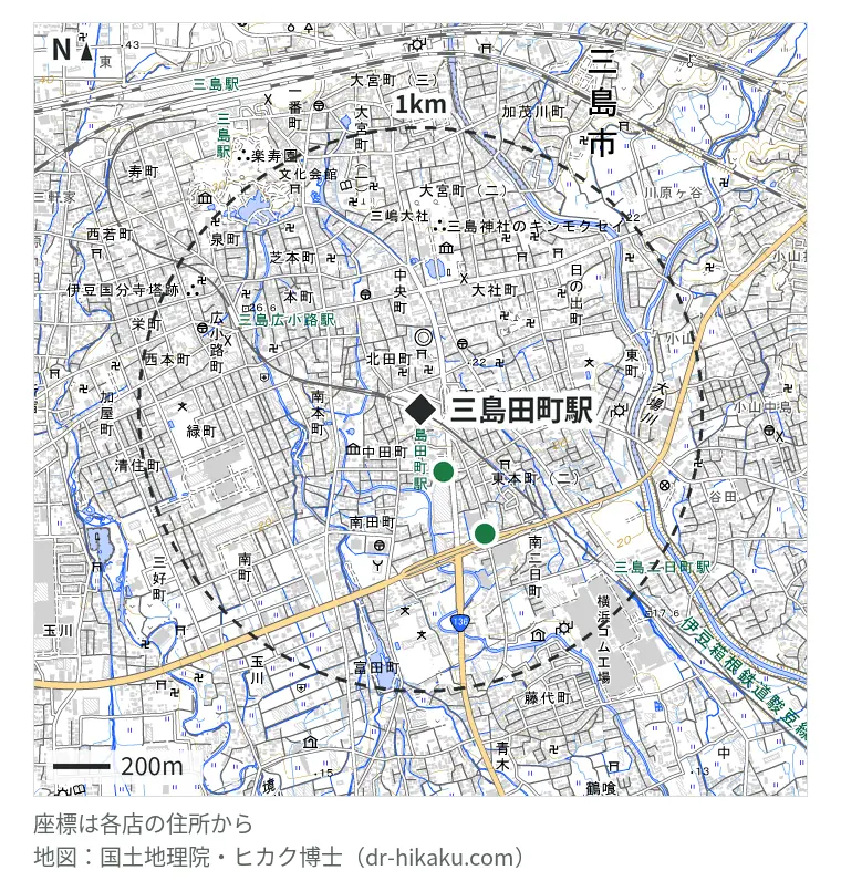 三島田町駅周辺（1km以内）のiPhone修理店 2店の位置図：iCrackedStore イトーヨーカドー三島 234m、ノジマ 三島店 494m
