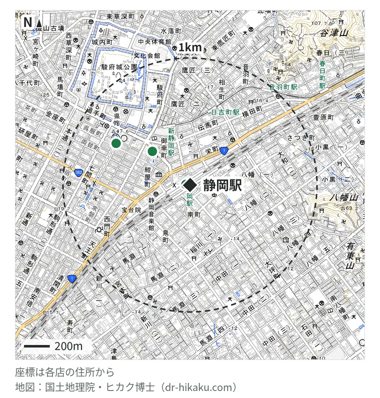 静岡駅周辺（1km以内）のiPhone修理店 4店の位置図：iCrackedStore 静岡パルシェ 3m、スマホ修理工房 アスティ静岡店 3m、スマップル 静岡店 370m、じゃんぱら 静岡店 636m