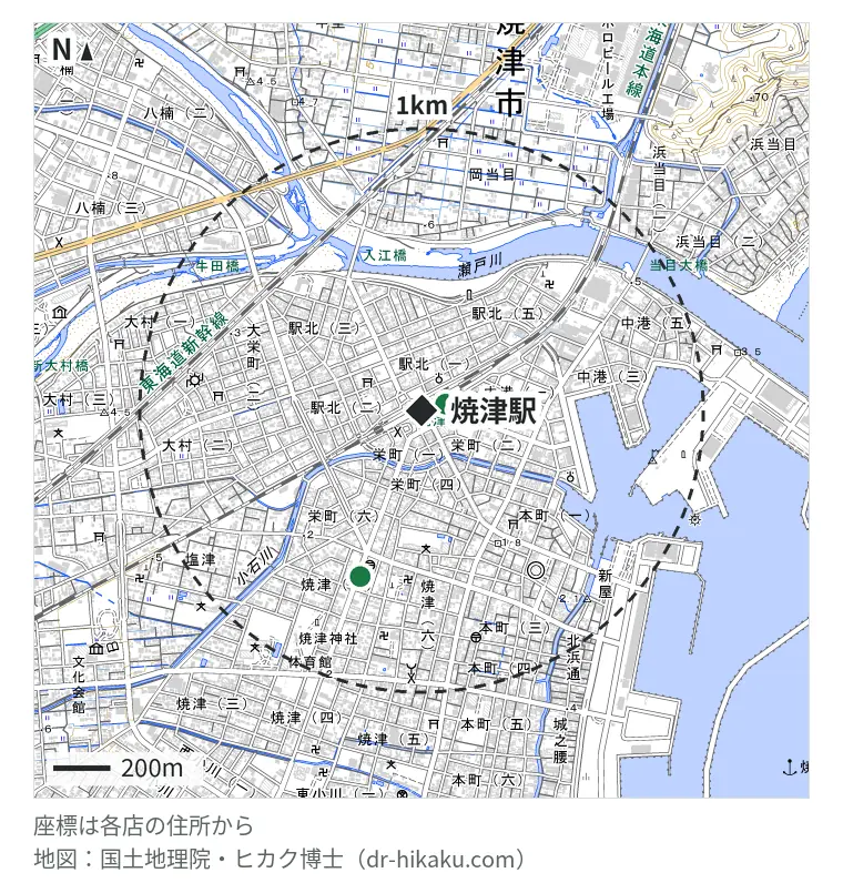 焼津駅周辺（1km以内）のiPhone修理店 2店の位置図：アイム 87m、スマホ修理工房 焼津店 624m