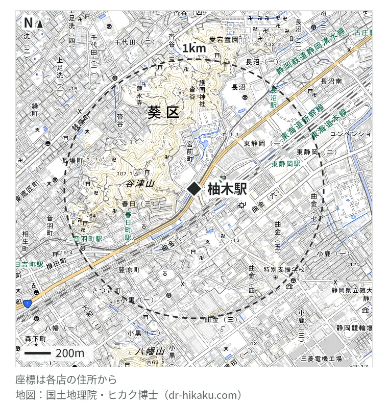 柚木駅周辺（1km以内）のiPhone修理店 2店の位置図：iCrackedStore マークイズ静岡 186m、ノジマ MARK IS 静岡店 186m