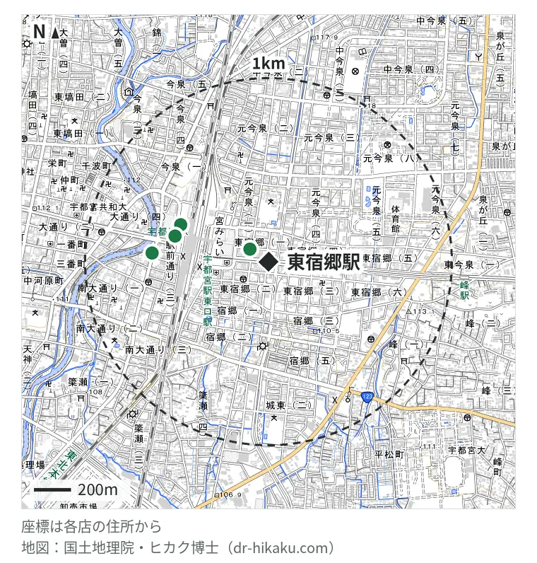 東宿郷駅周辺（1km以内）のiPhone修理店 4店の位置図：スマホスピタル 宇都宮店 122m、iCrackedStore 宇都宮パセオ 517m、モバイル修理救急便 宇都宮駅前店 526m、iPhone修理アイサポ 宇都宮駅前通り店 634m