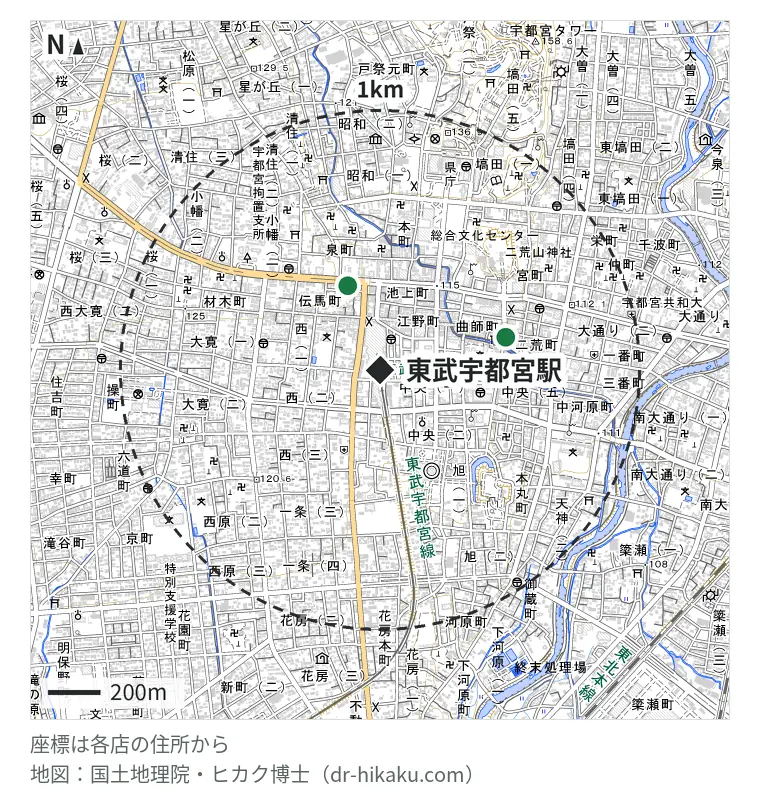 東武宇都宮駅周辺（1km以内）のiPhone修理店 2店の位置図：アップルエイド フィックスマート宇都宮店 345m、スマホ修理工房 宇都宮中央店 497m