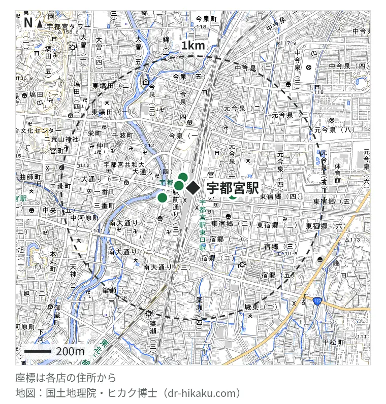 宇都宮駅周辺（1km以内）のiPhone修理店 4店の位置図：iCrackedStore 宇都宮パセオ 104m、モバイル修理救急便 宇都宮駅前店 112m、iPhone修理アイサポ 宇都宮駅前通り店 193m、スマホスピタル 宇都宮店 295m