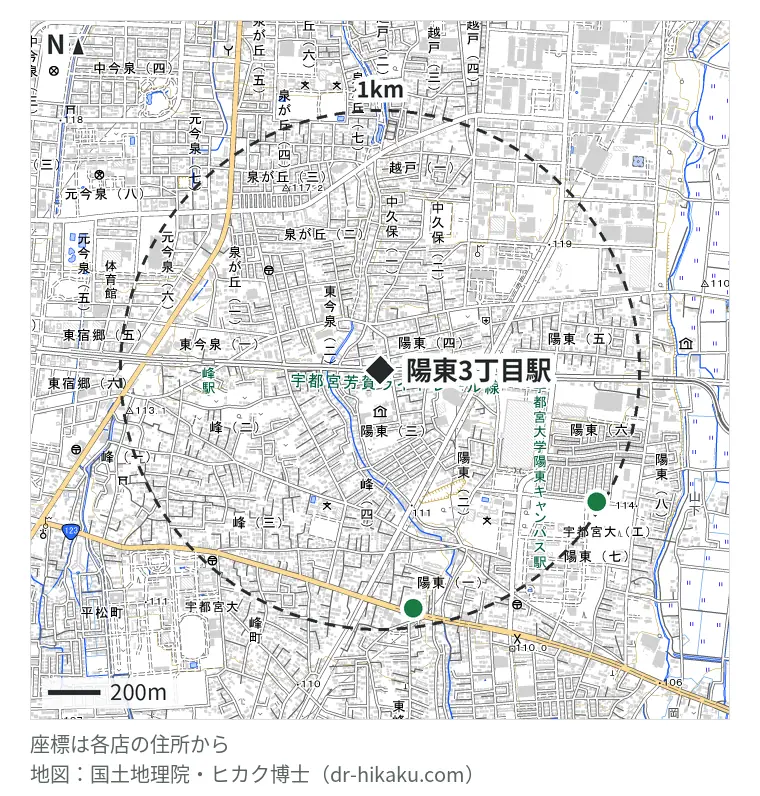 陽東3丁目駅周辺（1km以内）のiPhone修理店 2店の位置図：リンゴ屋 栃木宇都宮店 922m、ダイワンテレコム ベルモール宇都宮店 972m