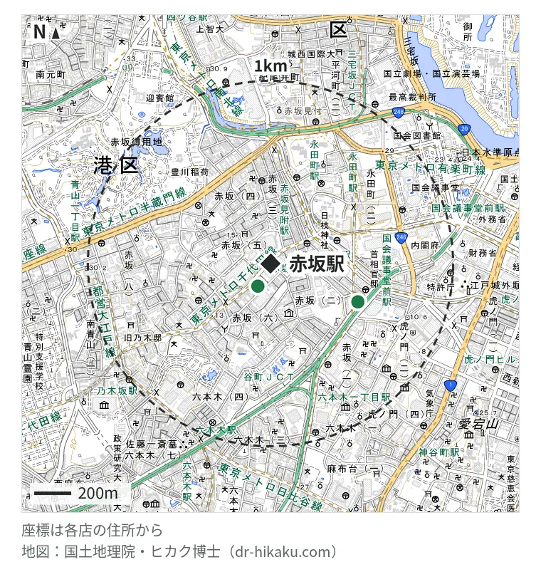 赤坂駅周辺(1km以内)のiPhone修理店 2店の位置図:スマップル 赤坂店 141m、iPhone修理王 赤坂・溜池山王店 520m