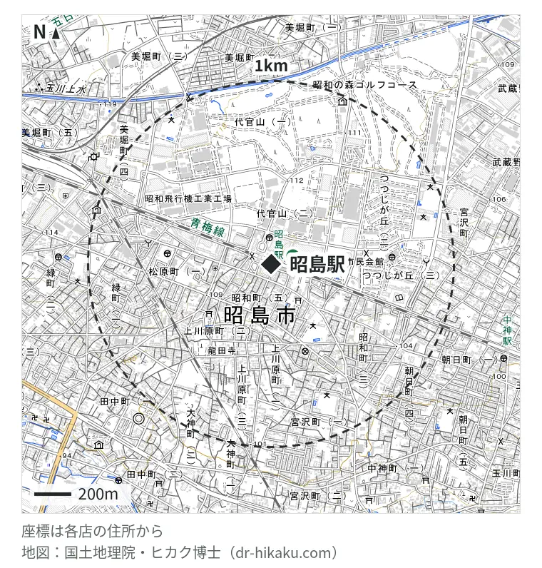 昭島駅周辺(1km以内)のiPhone修理店 2店の位置図:スマプラ 昭島モリタウン店 126m、ノジマ イトーヨーカドー昭島店 126m