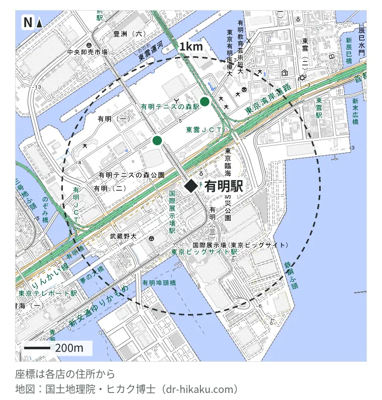 有明駅周辺(1km以内)のiPhone修理店 2店の位置図:スマプラ 有明ガーデン店 437m、iPhone修理アイサポ 有明店 659m