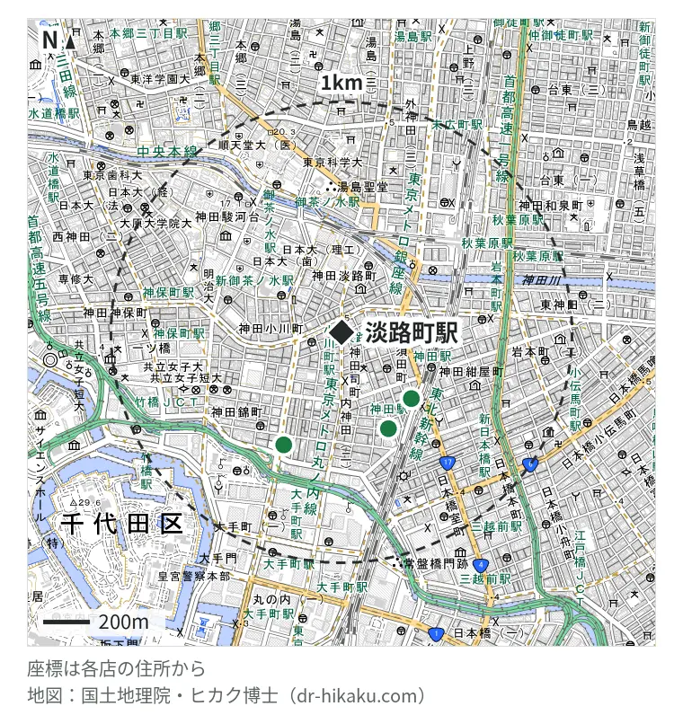 淡路町駅周辺(1km以内)のiPhone修理店 3店の位置図:スマホスピタル 神田 416m、iPhoneリペアセンター 神田店 462m、ダイワンテレコム 神田店 546m