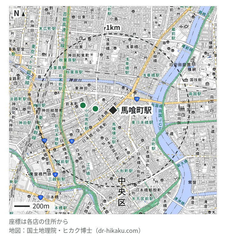 馬喰町駅周辺(1km以内)のiPhone修理店 2店の位置図:EyeSmart 日本橋馬喰町店 231m、アリマス本舗 秋葉原店 397m