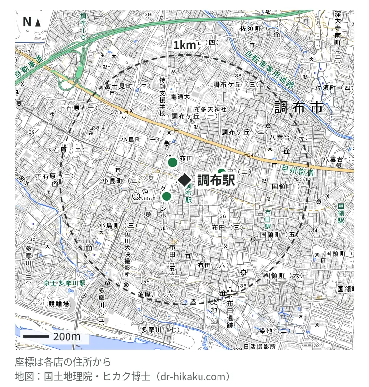 調布駅周辺(1km以内)のiPhone修理店 3店の位置図:スマホ修理工房 調布パルコ店 169m、モバイル修理救急便 調布駅前店 193m、フォーラム 調布店 302m