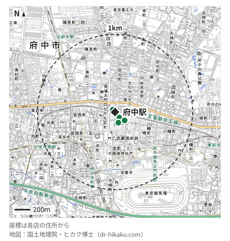 府中駅周辺(1km以内)のiPhone修理店 5店の位置図:スマホ修理工房 京王アートマン府中店 41m、モバイル修理救急便 府中くるる店 91m、iCrackedStore 府中 143m、じゃんぱら 府中ル・シーニュ店 163m、iPhone修理アイサポ 武蔵府中ル・シーニュ店 163m