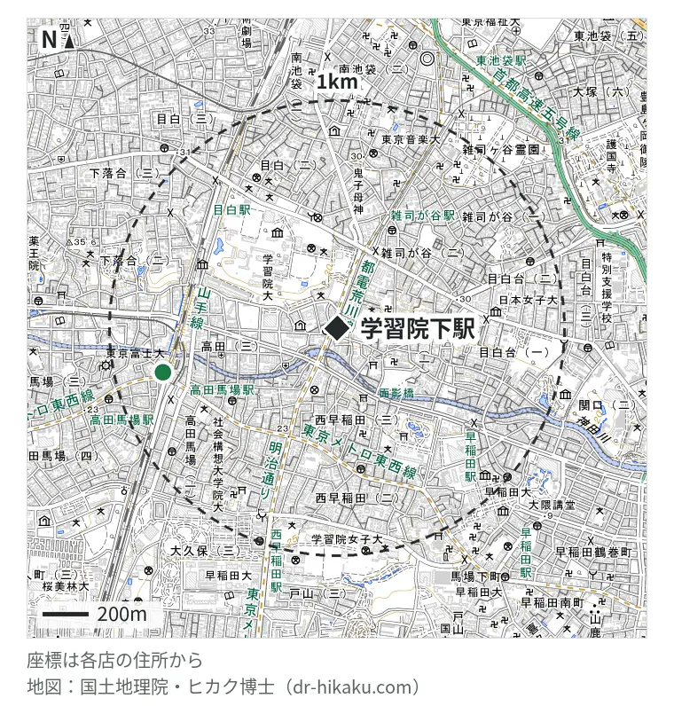 学習院下駅周辺（1km以内）のiPhone修理店 1店の位置図：ダイワンテレコム 高田馬場店 785m