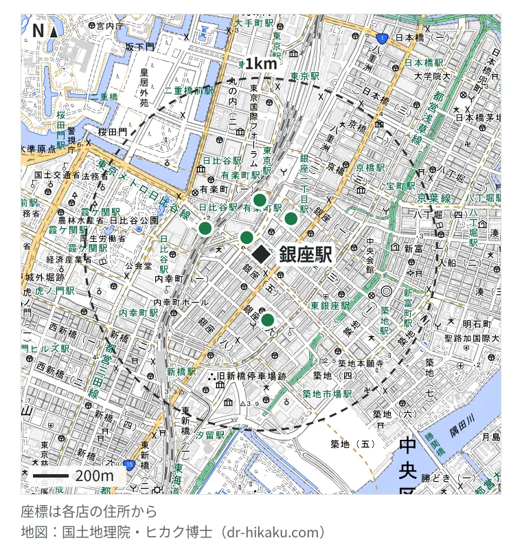 銀座駅周辺(1km以内)のiPhone修理店 6店の位置図:モバイル修理救急便 東京メトロ銀座店 35m、iPhone修理アイサポ 銀座有楽町店 35m、モバイル修理救急便 有楽町交通会館店 207m、iCrackedStore 銀座ロフト 237m、スマレストア 日比谷店 273m、ダイワンテレコム 銀座店 297m