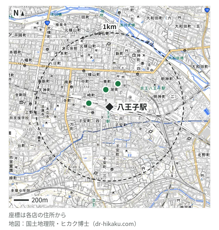 八王子駅周辺(1km以内)のiPhone修理店 4店の位置図:スマホ修理工房 八王子東急スクエア店 215m、スマホスピタル 八王子 238m、モバイル修理救急便 八王子オーパ店 238m、スマホ修理のクイック 八王子店 333m