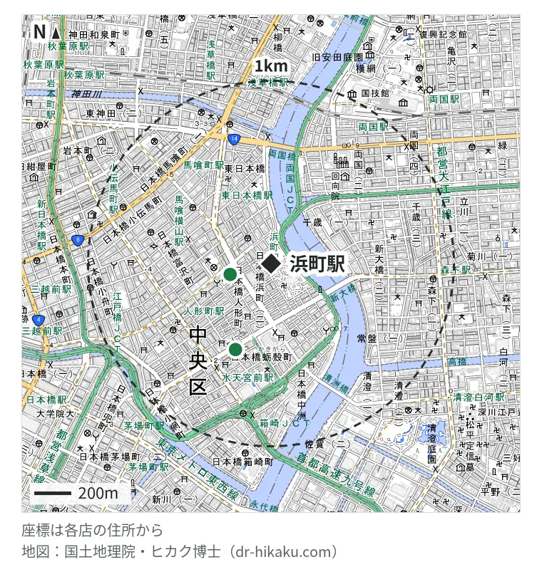 浜町駅周辺(1km以内)のiPhone修理店 2店の位置図:スマホなおし太郎 日本橋浜町店 229m、iPhone修理アイサポ 水天宮前店 507m