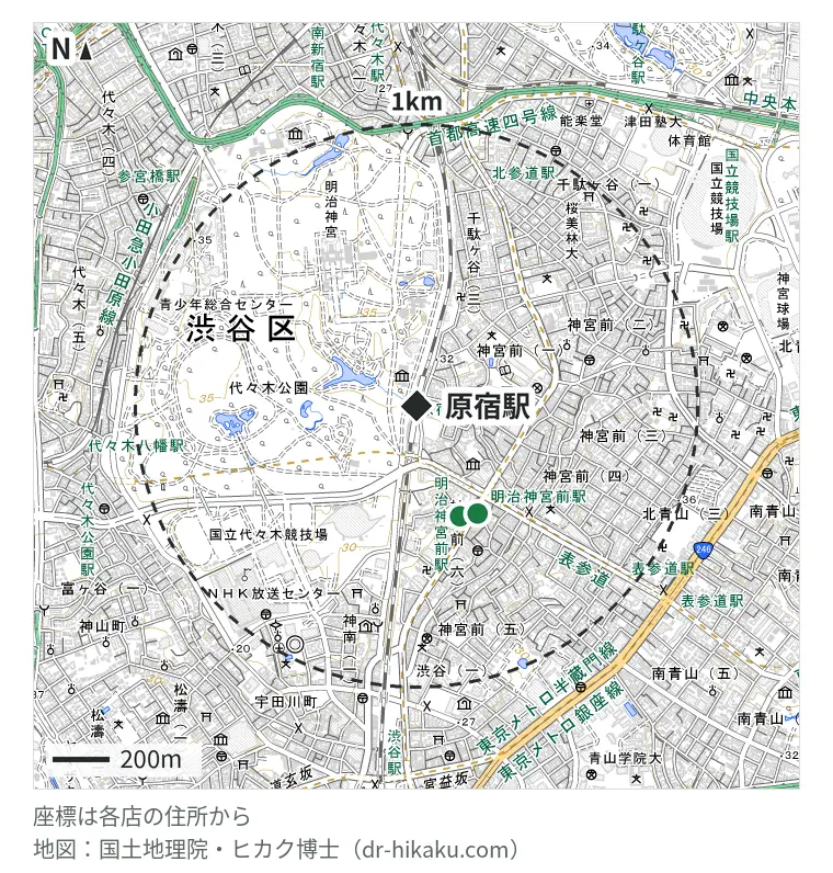 原宿駅周辺(1km以内)のiPhone修理店 2店の位置図:スマホ修理のクイック 原宿・表参道店 420m、スマホ修理プロ 原宿・表参道店 438m