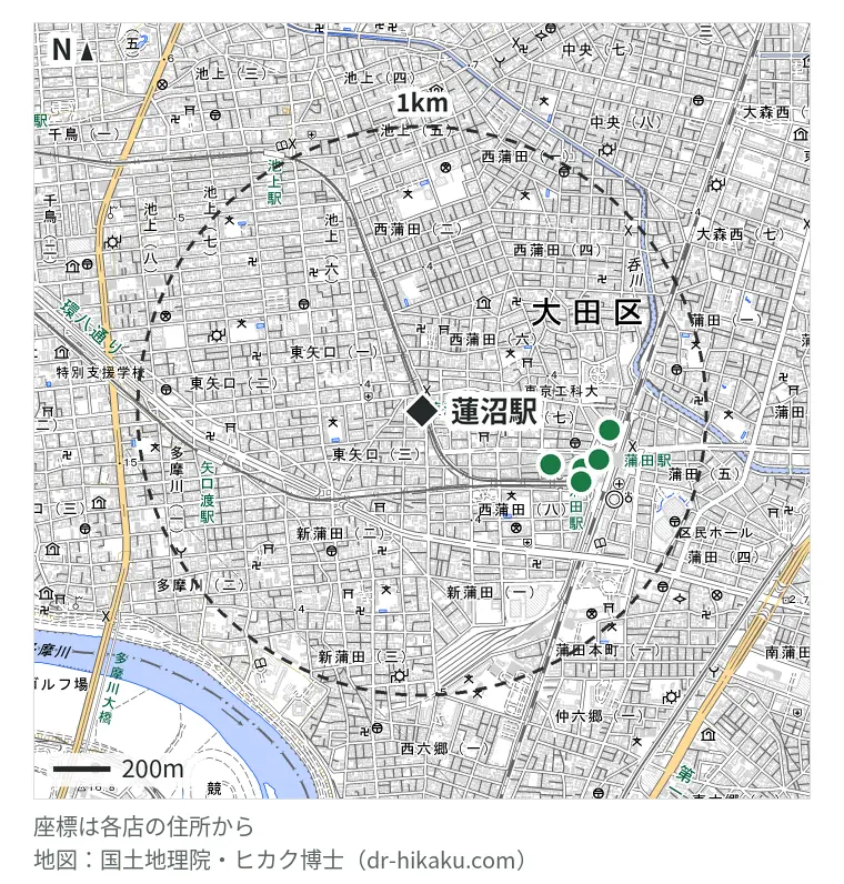 蓮沼駅周辺(1km以内)のiPhone修理店 6店の位置図:iPhone修理アイサポ 蒲田店 487m、キシフォート 蒲田店 597m、スマホソニック COCO東急プラザ蒲田店 609m、スマホ修理のクイック 東急プラザ蒲田店 609m、スマホ修理工房 グランデュオ蒲田店 640m、モバイル修理救急便 ドン・キホーテ蒲田駅前店 659m
