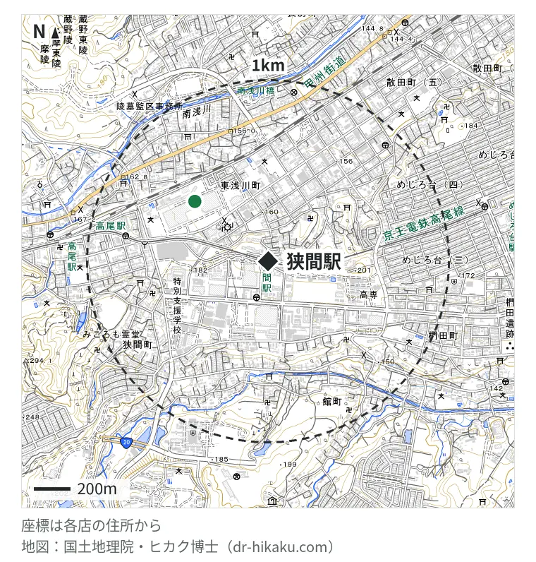 狭間駅周辺(1km以内)のiPhone修理店 2店の位置図:スマホ修理工房 イーアス高尾店 520m、ノジマ イーアス高尾店 520m