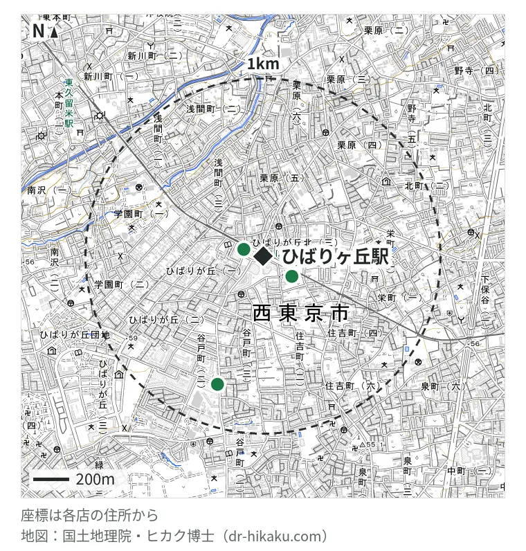 ひばりヶ丘駅周辺(1km以内)のiPhone修理店 3店の位置図:ノジマ ひばりが丘パルコ店 114m、シュウりっち 197m、ダイワンテレコム 田無店 761m