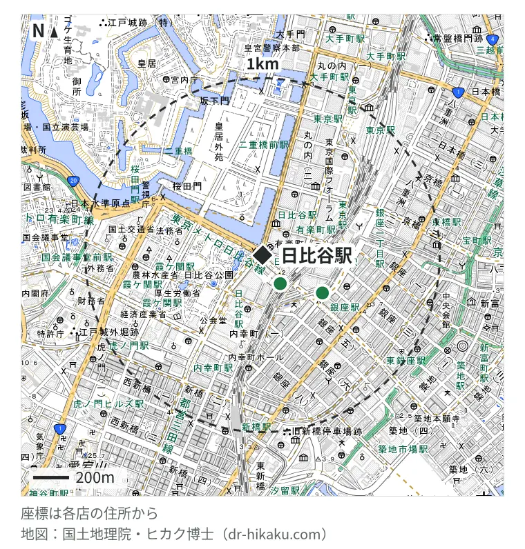 日比谷駅周辺（1km以内）のiPhone修理店 3店の位置図：スマレストア 日比谷店 90m、モバイル修理救急便 東京メトロ銀座店 299m、iPhone修理アイサポ 銀座有楽町店 299m