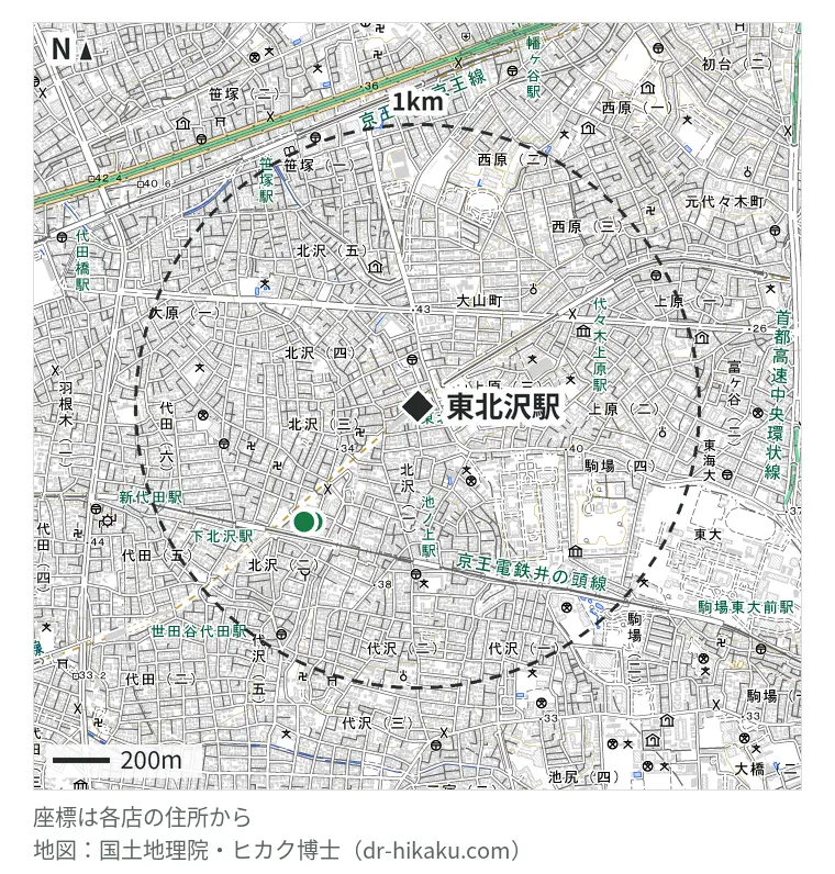 東北沢駅周辺（1km以内）のiPhone修理店 2店の位置図：ダイワンテレコム 下北沢店 551m、モバイル修理救急便 下北沢店 572m
