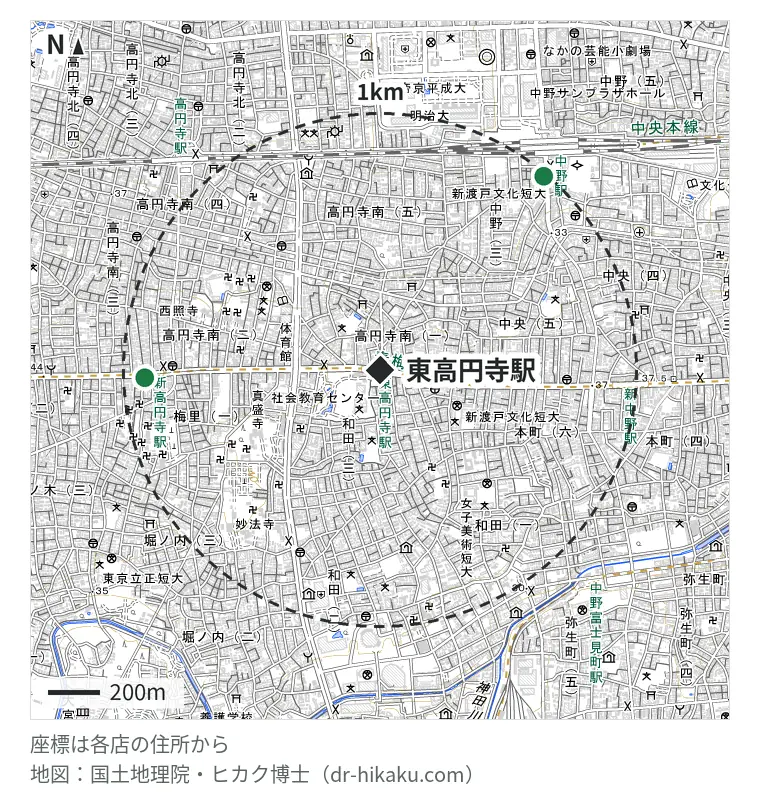 東高円寺駅周辺(1km以内)のiPhone修理店 2店の位置図:iPhone修理アイサポ 新高円寺店 911m、モバイル修理救急便 中野マルイ店 984m