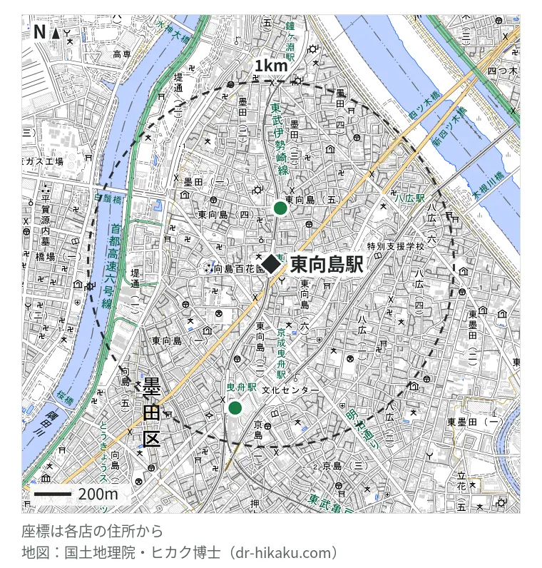 東向島駅周辺（1km以内）のiPhone修理店 2店の位置図：スマプロ 東向島店 308m、ノジマ イトーヨーカドー曳舟店 805m