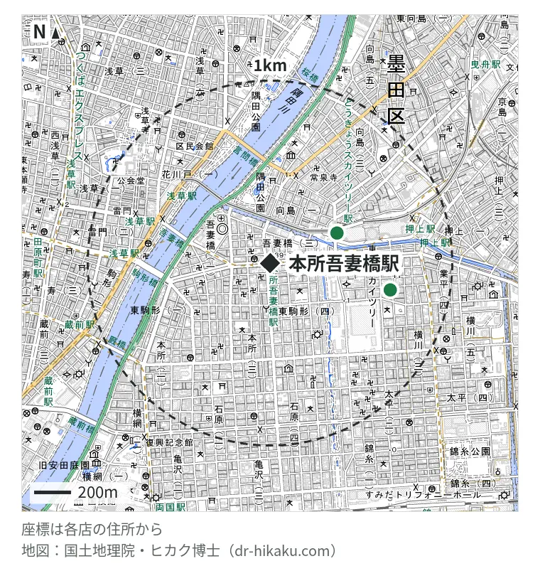 本所吾妻橋駅周辺(1km以内)のiPhone修理店 2店の位置図:iPhone修理アイサポ とうきょうスカイツリー駅前店 401m、mobile.com 墨田店 671m