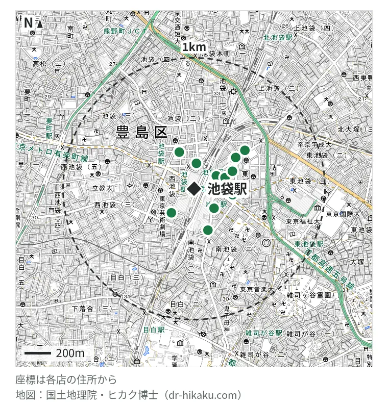 池袋駅周辺(1km以内)のiPhone修理店 14店の位置図:モバイル修理救急便 池袋西口地下街店 64m、ノジマ 池袋東武店 64m、iPhone修理アイサポ 池袋北口店 74m、モバイル修理救急便 池袋東口店 97m、スマホ修理工房 池袋P‘パルコ本店 121m、スマホ修理王 池袋店 137m、カメラのキタムラ 東京・LABI池袋本店 181m、iPhone即日修理屋さん 池袋店 190m、iPhone修理本舗 池袋店 209m、iCrackedStore 池袋60階通り 235m、スマホンポ 池袋本店 241m、ダイワンテレコム 池袋店 272m、じゃんぱら 池袋東口店 287m、スマートファボ 池袋店 374m