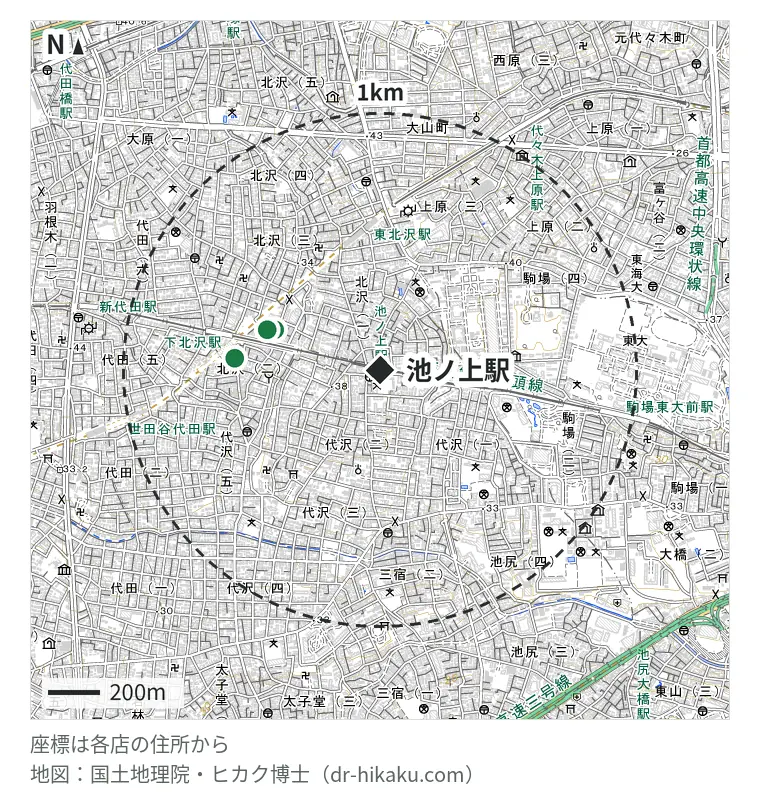池ノ上駅周辺(1km以内)のiPhone修理店 3店の位置図:ダイワンテレコム 下北沢店 437m、モバイル修理救急便 下北沢店 465m、ノジマ レシピ下北沢店 565m