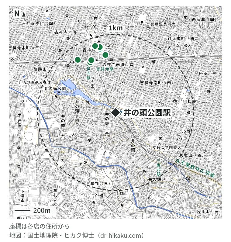 井の頭公園駅周辺(1km以内)のiPhone修理店 7店の位置図:iPhone修理屋 吉祥寺店 717m、モバイル修理救急便 アトレ吉祥寺店 735m、AppleJuice吉祥寺店 744m、スマホ修理王 キチジョウジテン 826m、スマホ修理工房 吉祥寺店 837m、じゃんぱら 吉祥寺店 858m、GENIE(ジーニー) 吉祥寺店 887m