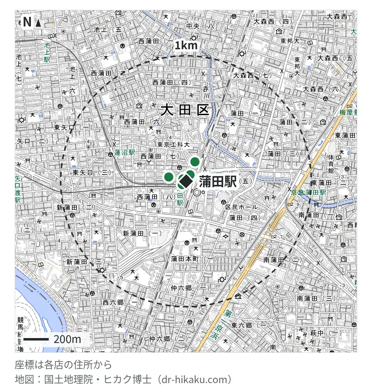 蒲田駅周辺(1km以内)のiPhone修理店 6店の位置図:スマホソニック COCO東急プラザ蒲田店 15m、スマホ修理のクイック 東急プラザ蒲田店 15m、キシフォート 蒲田店 46m、スマホ修理工房 グランデュオ蒲田店 55m、モバイル修理救急便 ドン・キホーテ蒲田駅前店 98m、iPhone修理アイサポ 蒲田店 108m