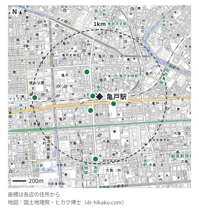 亀戸駅周辺（1km以内）のiPhone修理店 6店の位置図：モバイル修理救急便 アトレ亀戸店 80m、スマートクール サテライト亀戸店 210m、スマプラ カメイドクロック店 221m、スマホ修理のクイック 亀戸店 406m、スマホ修理工房 西大島店 904m、アイラブフォン 錦糸町店 932m