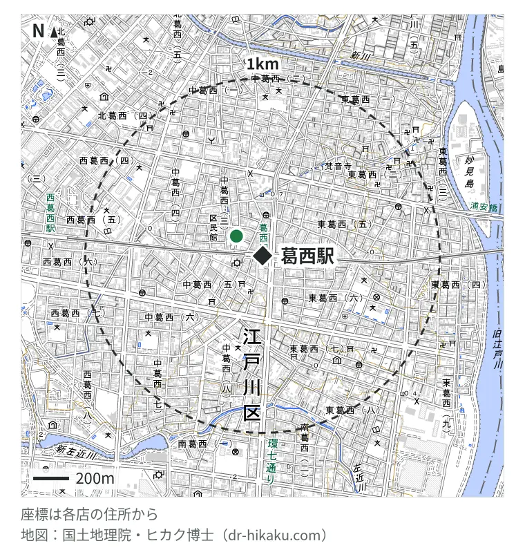葛西駅周辺（1km以内）のiPhone修理店 1店の位置図：スマホ修理工房 葛西店 183m