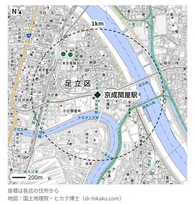 京成関屋駅周辺(1km以内)のiPhone修理店 2店の位置図:スマホ修理王 北千住店 732m、ダイワンテレコム 北千住店 805m