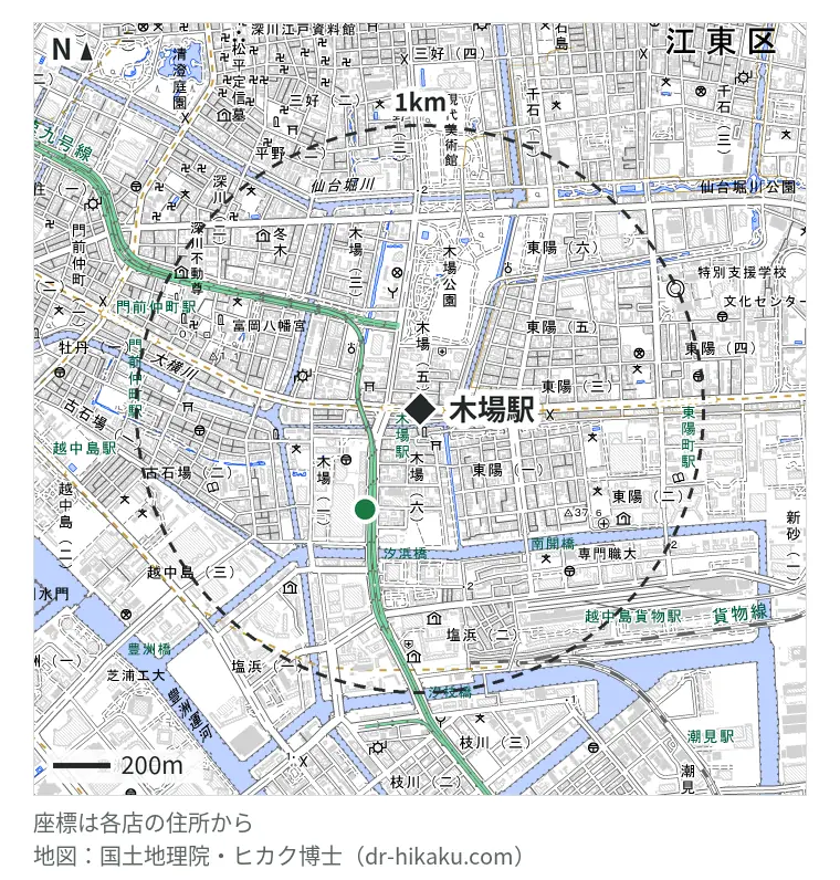 木場駅周辺(1km以内)のiPhone修理店 2店の位置図:スマホクリニック イトーヨーカドー木場店 402m、ノジマ イトーヨーカドー木場店 402m