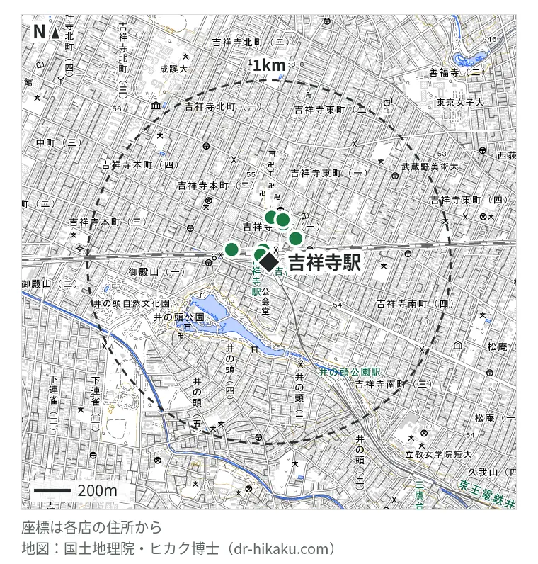 吉祥寺駅周辺(1km以内)のiPhone修理店 7店の位置図:モバイル修理救急便 アトレ吉祥寺店 20m、iPhone修理屋 吉祥寺店 26m、スマホ修理王 キチジョウジテン 184m、AppleJuice吉祥寺店 188m、スマホ修理工房 吉祥寺店 192m、GENIE(ジーニー) 吉祥寺店 200m、じゃんぱら 吉祥寺店 209m