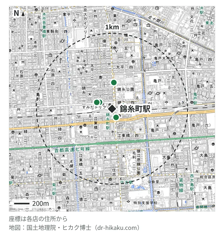 錦糸町駅周辺(1km以内)のiPhone修理店 5店の位置図:スマホソニック 錦糸町店 110m、アイラブフォン 錦糸町店 121m、モバイル修理救急便 錦糸町駅前店 185m、じゃんぱら 錦糸町北口店 213m、スマホスピタル オリナス錦糸町店 306m