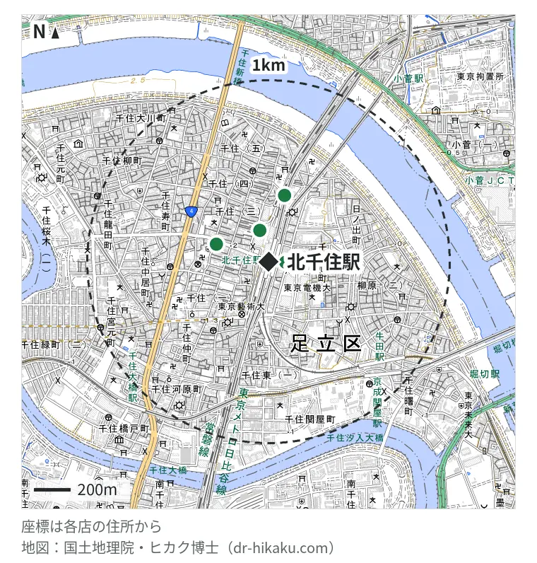 北千住駅周辺（1km以内）のiPhone修理店 6店の位置図：ダイワンテレコム 北千住店 64m、スマホ修理工房 北千住マルイ店 146m、ノジマ 北千住マルイ店 146m、スマホ修理王 北千住店 164m、iFC 足立北千住店 262m、モバイル修理救急便 ルミネ北千住店 325m