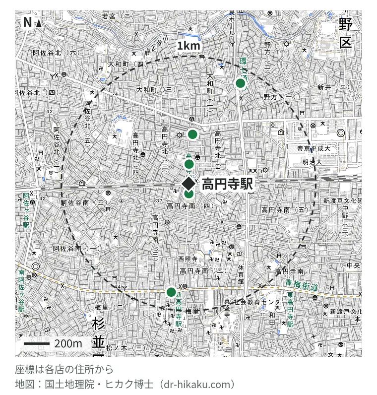 高円寺駅周辺（1km以内）のiPhone修理店 5店の位置図：モバイル修理救急便 高円寺駅前店 78m、モバイル修理センター 高円寺店 152m、FASTMOBILE 高円寺店 387m、iPhone修理アイサポ 新高円寺店 859m、スマホステーション 高円寺店 883m